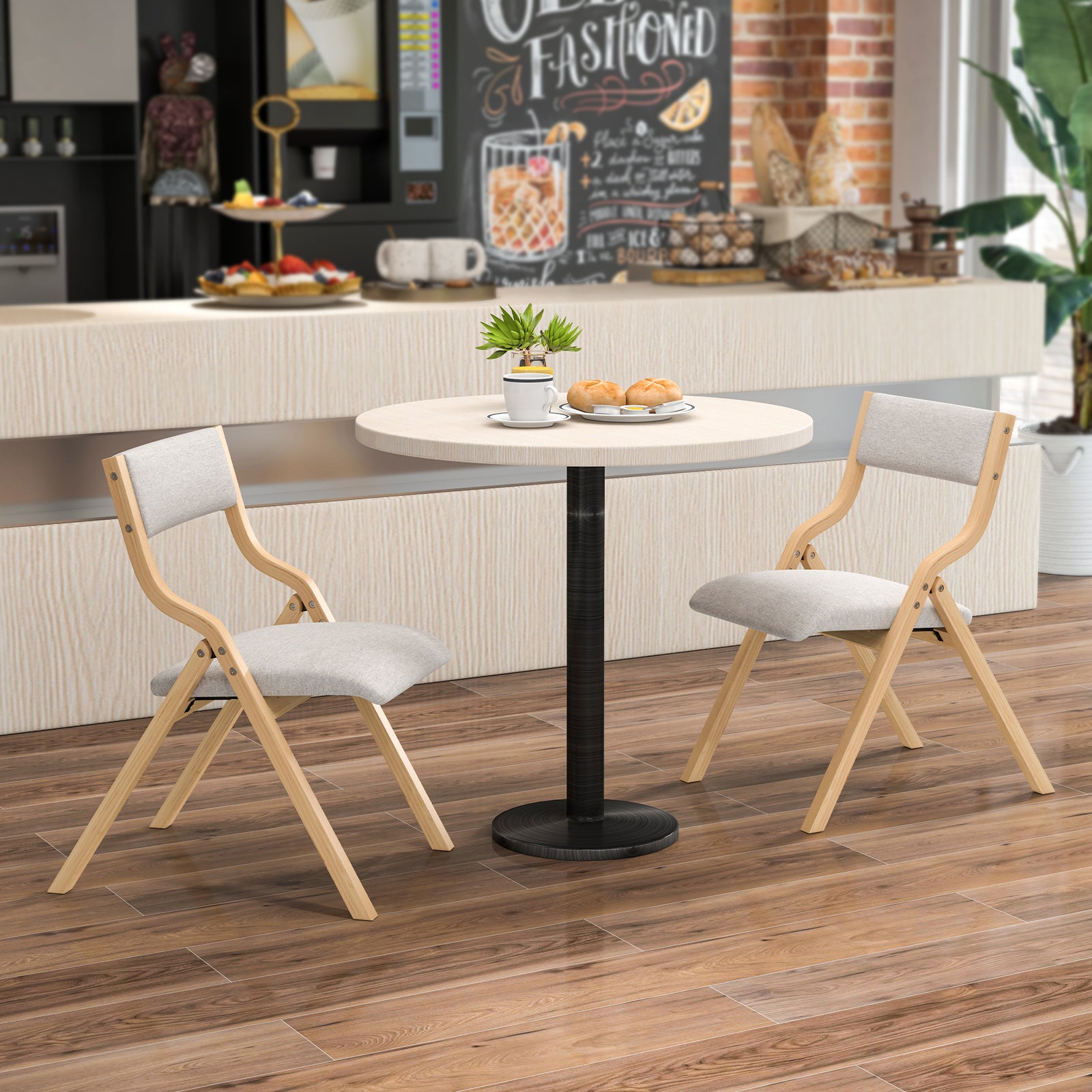 Folding Dining Chair Set of 2 with Solid Wood Frame and Padded Seat-Grey