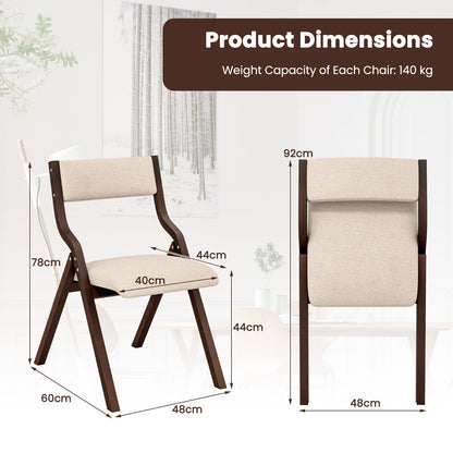 Folding Dining Chair Set of 2 with Solid Wood Frame and Padded Seat-Beige