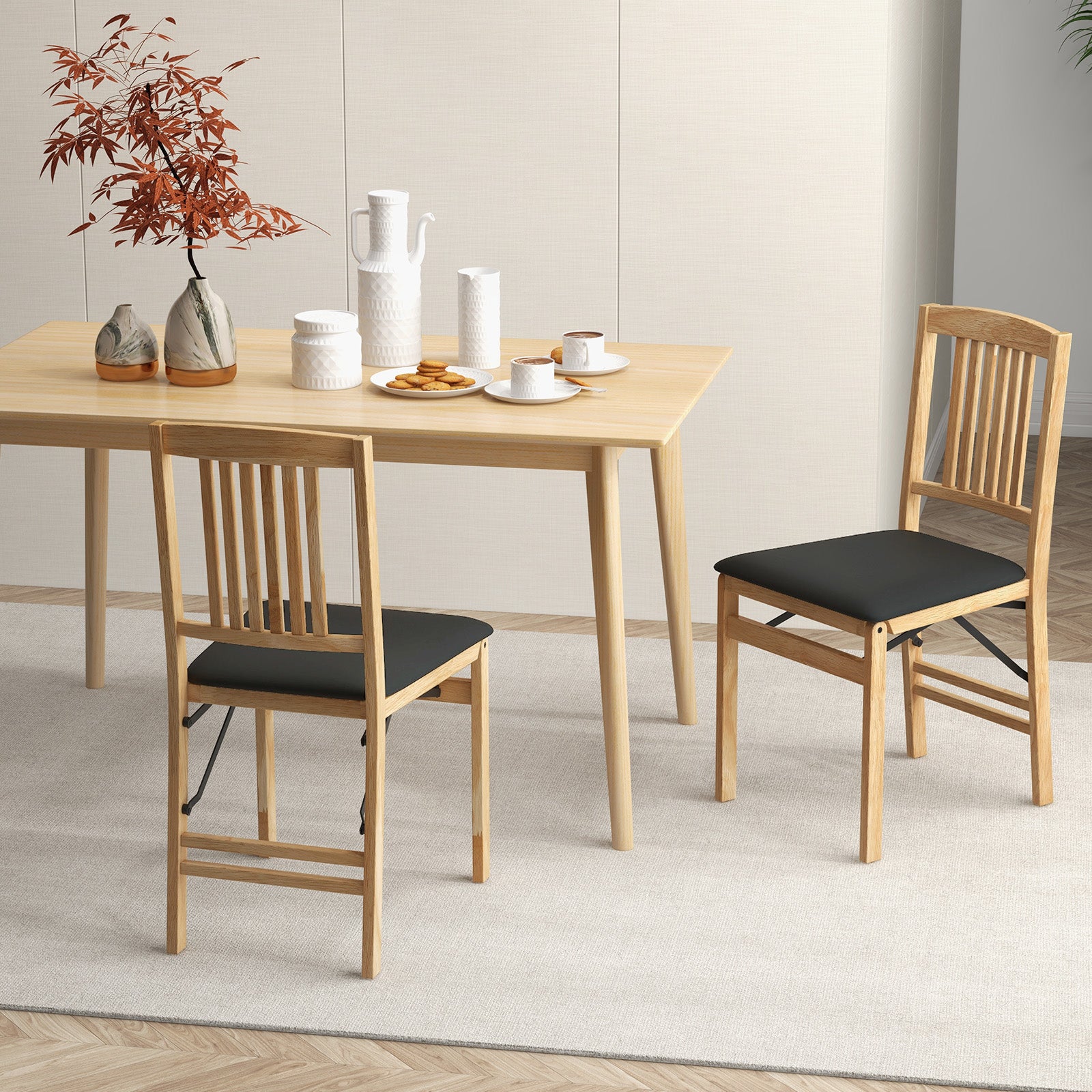 Folding Dining Chairs Set of 2 Upholstered Kitchen Chairs with Padded Seat-Black