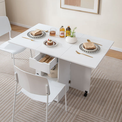 Folding Dining Table with 2 Wheels for Small Spaces-White