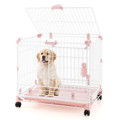 Folding Dog Kennel with Double Lockable Door and Wheels