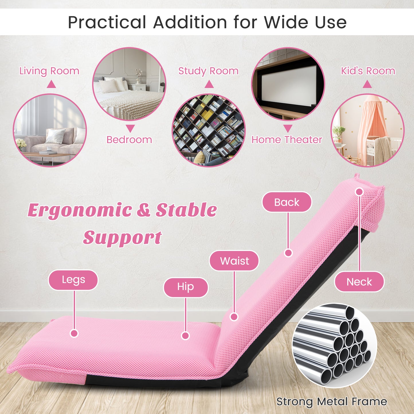 Folding Floor Chair with Reclining Function and 6 Adjustable Positions-Pink