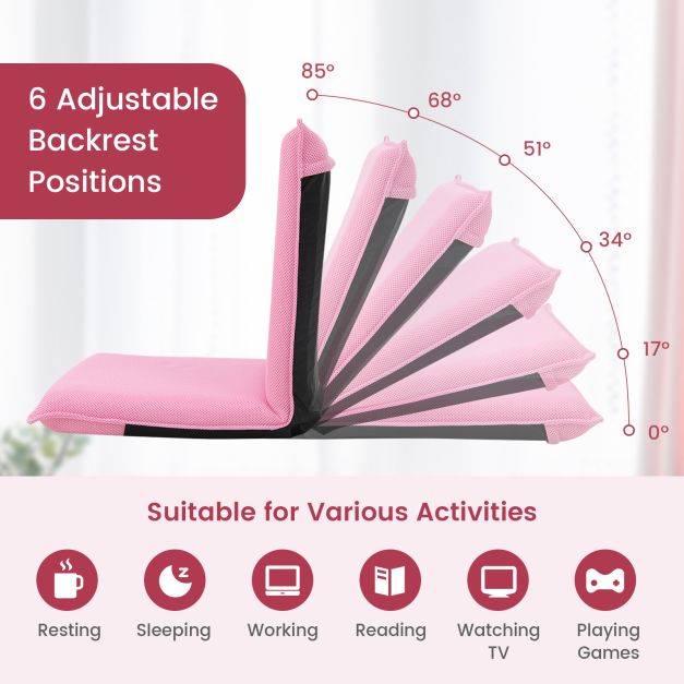 Folding Floor Chair with Reclining Function and 6 Adjustable Positions-Pink