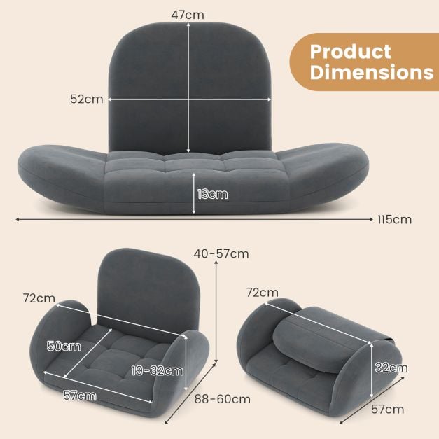 Folding Floor Game Chair with Adjustable Backrest for Adults-Grey