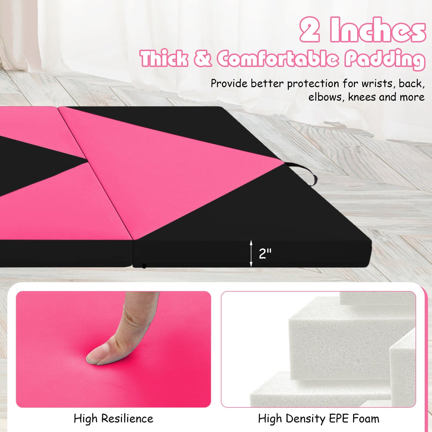 240cm PU Leather Folding Gymnastics Mat-Pink & Black