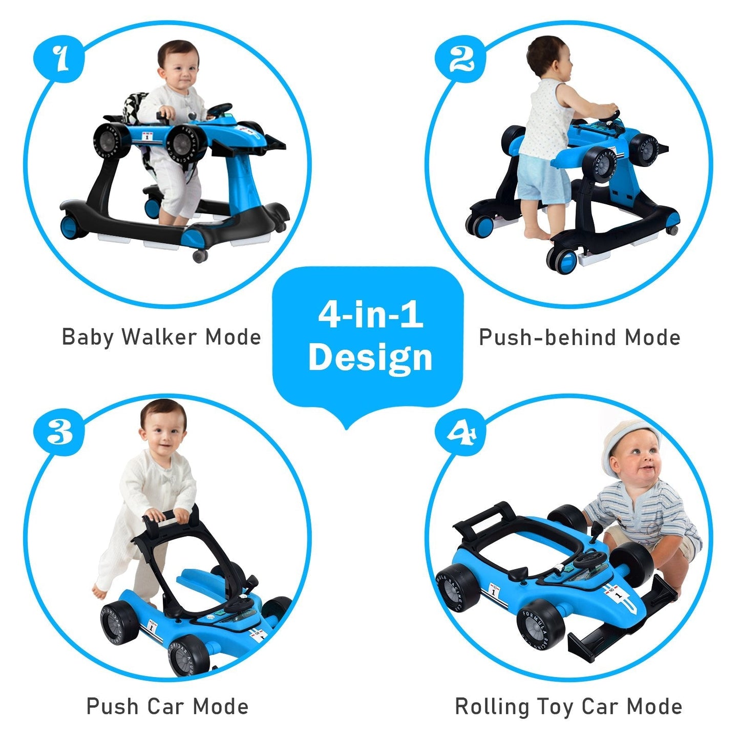 4-in-1 Baby Push Walker with Adjustable Height and Speed-Blue