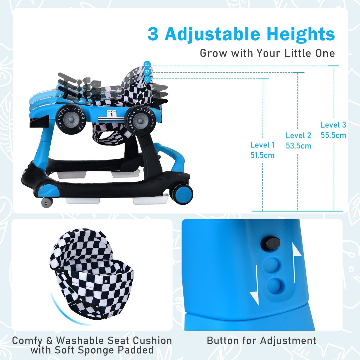 4-in-1 Baby Push Walker with Adjustable Height and Speed-Blue