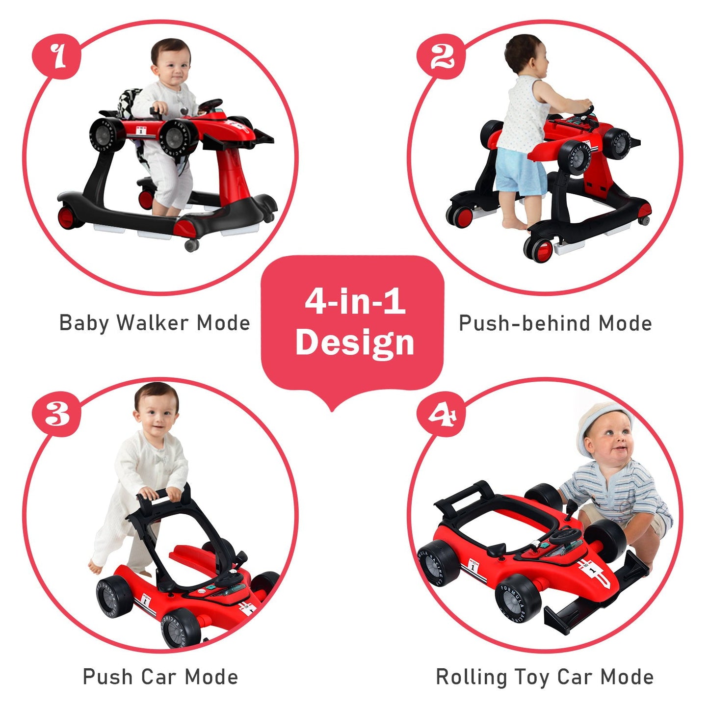4-in-1 Baby Push Walker with Adjustable Height and Speed-Red