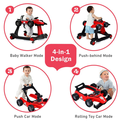 4-in-1 Baby Push Walker with Adjustable Height and Speed-Red