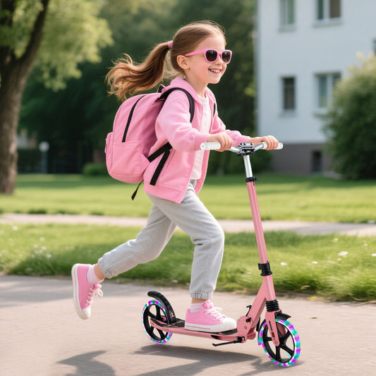 Folding Kick Scooter with Large Wheels for Age 8+ Kids Teens Adults-Pink