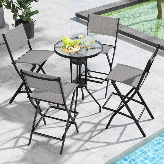 Folding Outdoor Bar Chair Set of 4 with Metal Frame and Footrest-Grey