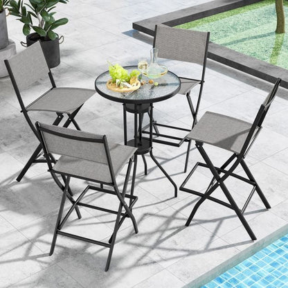 Folding Outdoor Bar Chair Set of 4 with Metal Frame and Footrest-Grey