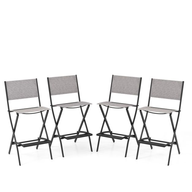 Folding Outdoor Bar Chair Set of 4 with Metal Frame and Footrest-Grey