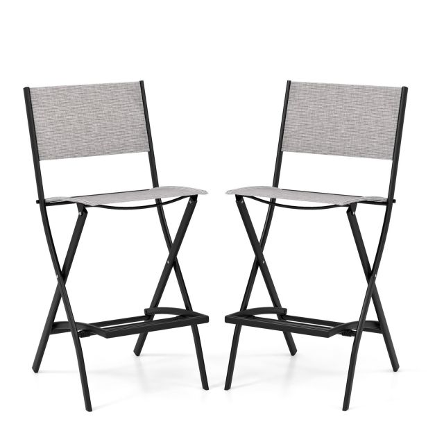 Folding Outdoor Bar Chair Set of 4 with Metal Frame and Footrest-Grey