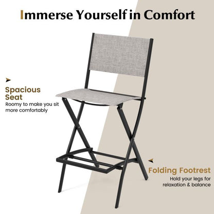 Folding Outdoor Bar Chair Set of 4 with Metal Frame and Footrest-Grey