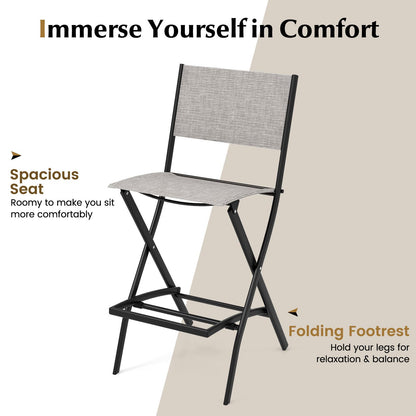 Folding Outdoor Bar Chair Set of 4 with Metal Frame and Footrest-Grey