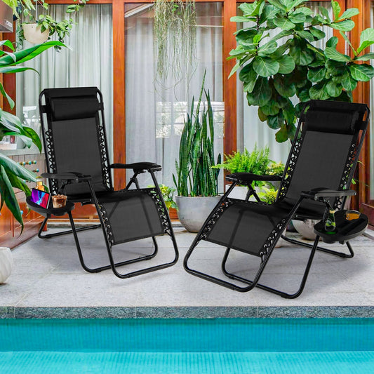 Folding Patio Recliners with Removable Headrest and Cup Holder Set of 2-Black
