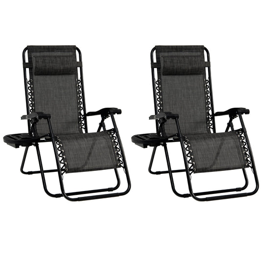 Folding Patio Recliners with Removable Headrest and Cup Holder Set of 2-Grey