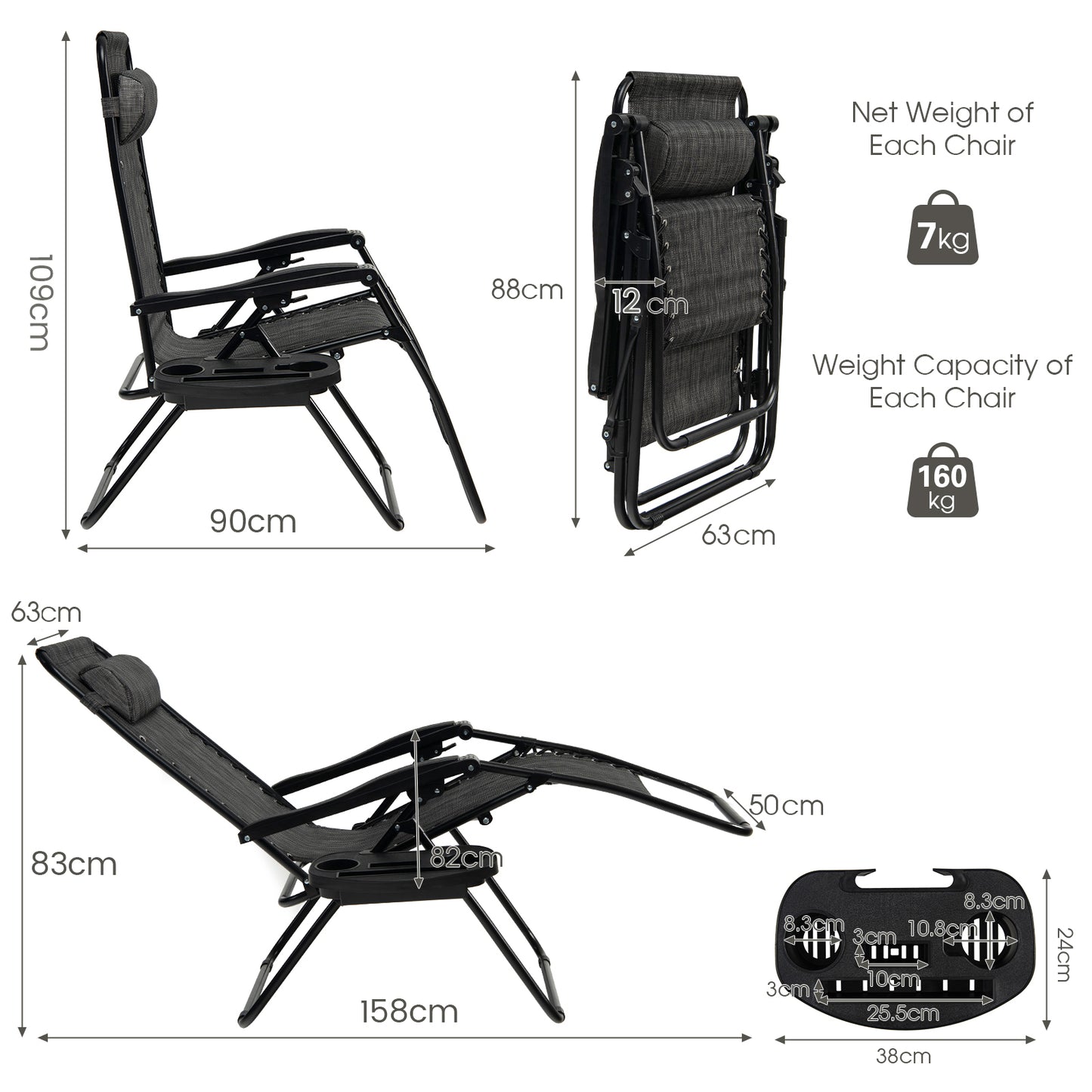 Folding Patio Recliners with Removable Headrest and Cup Holder Set of 2-Grey
