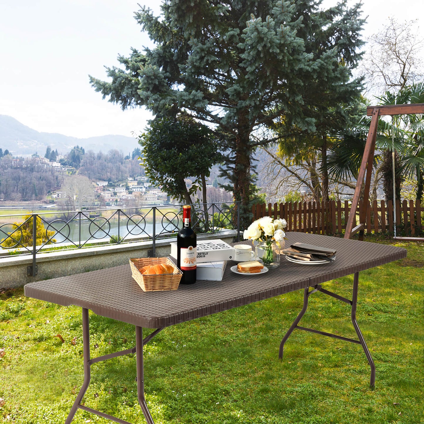Folding Table Portable Plastic Table with Rattan Design and Umbrella Hole