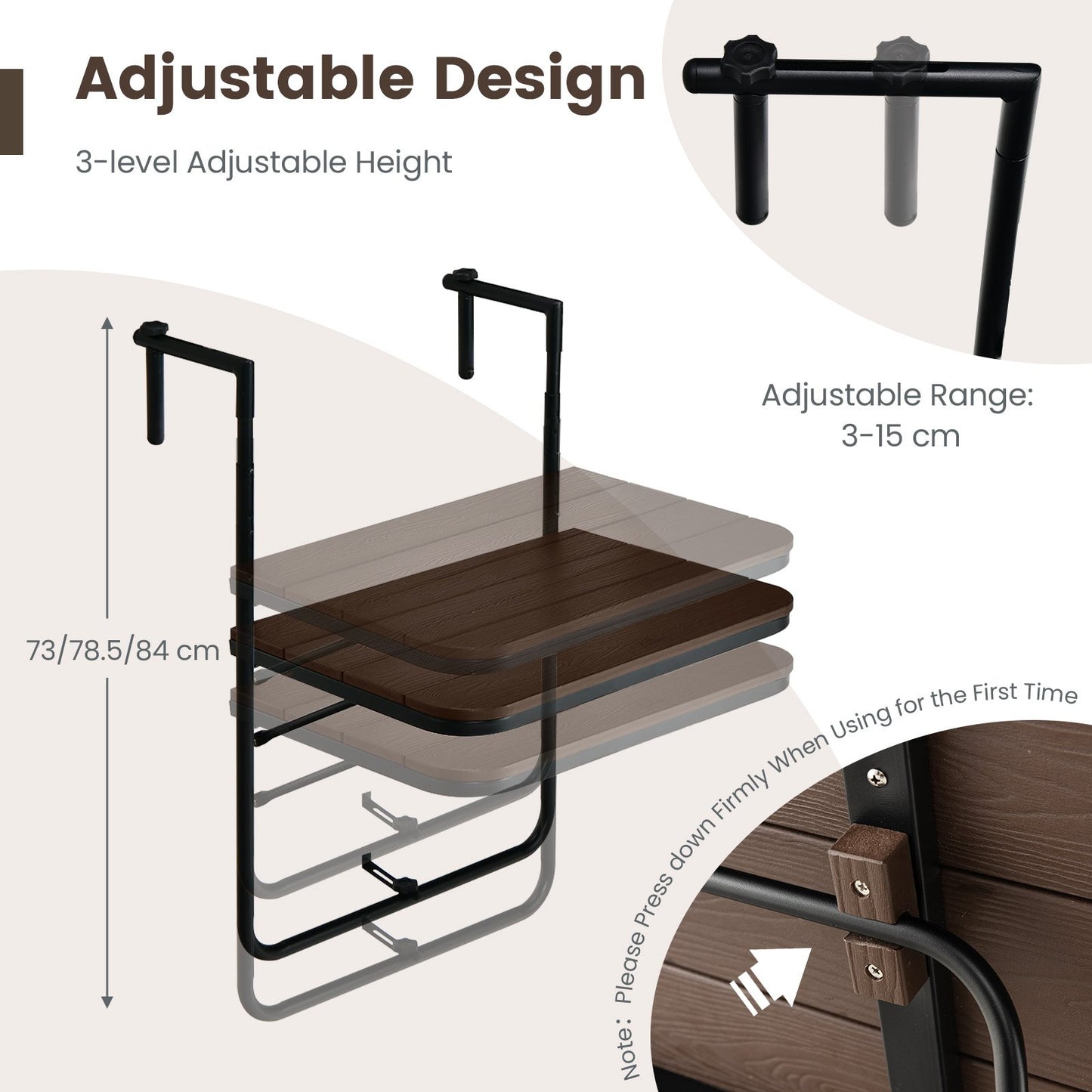 Folding Railing Table with 3-Level Adjustable Height for Patio-Brown