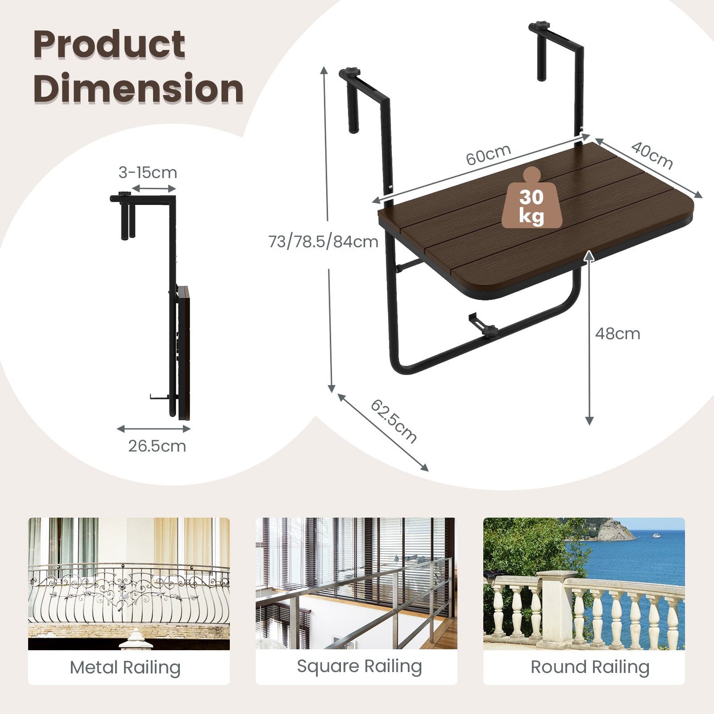 Folding Railing Table with 3-Level Adjustable Height for Patio-Brown