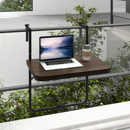 Folding Railing Table with 3-Level Adjustable Height for Patio-Brown