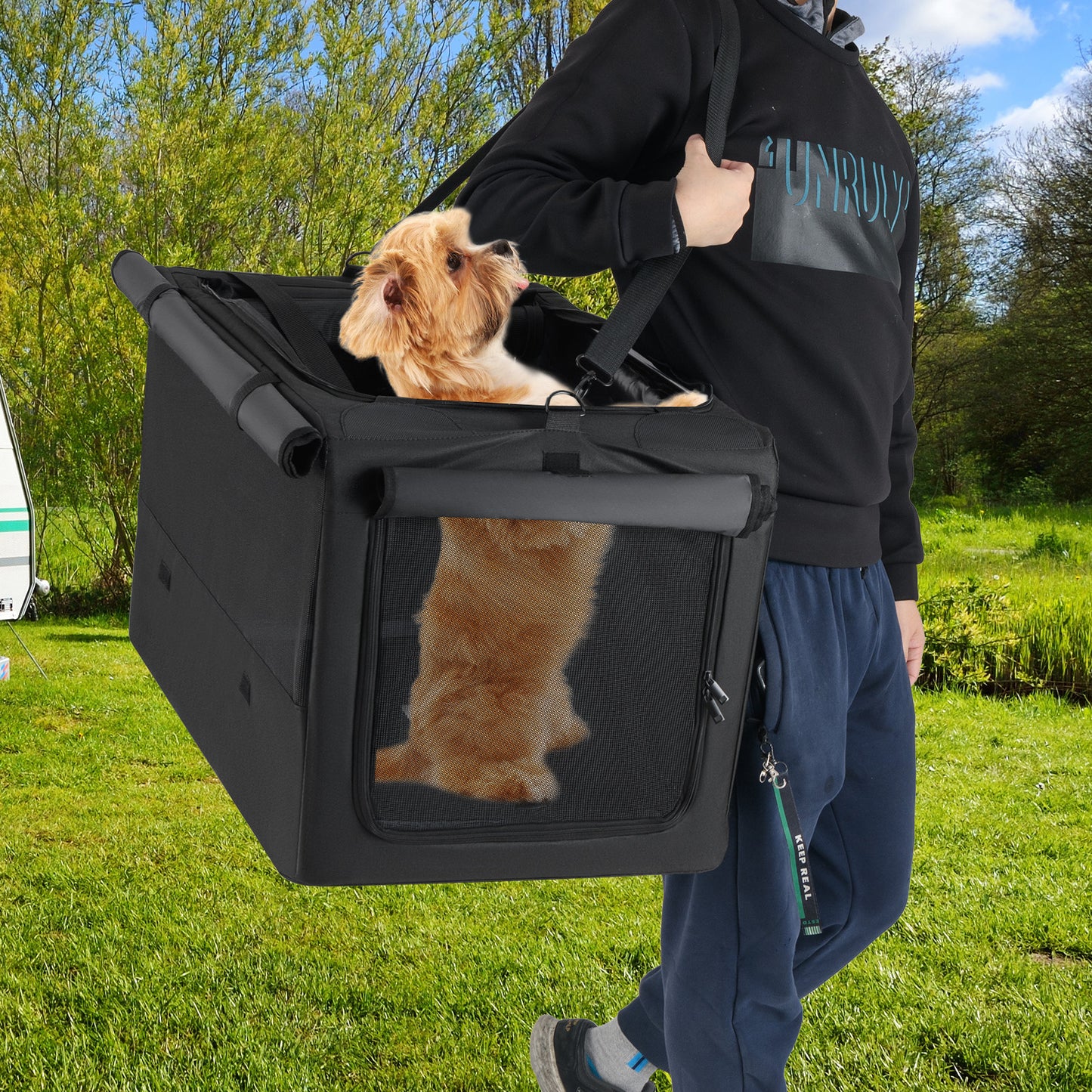 Foldable Dog Crate with Openings and Window Mesh Inner Basket-M