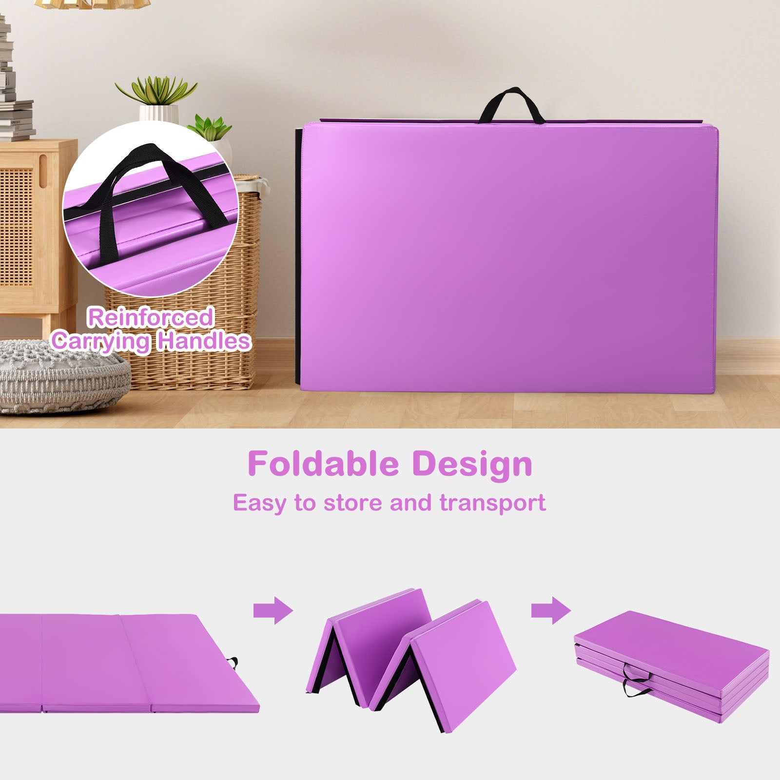 240 x 116 x 5 cm Folding Soft Floor Mat with Carry Handles and Hook &amp; Loop Fasteners-Purple