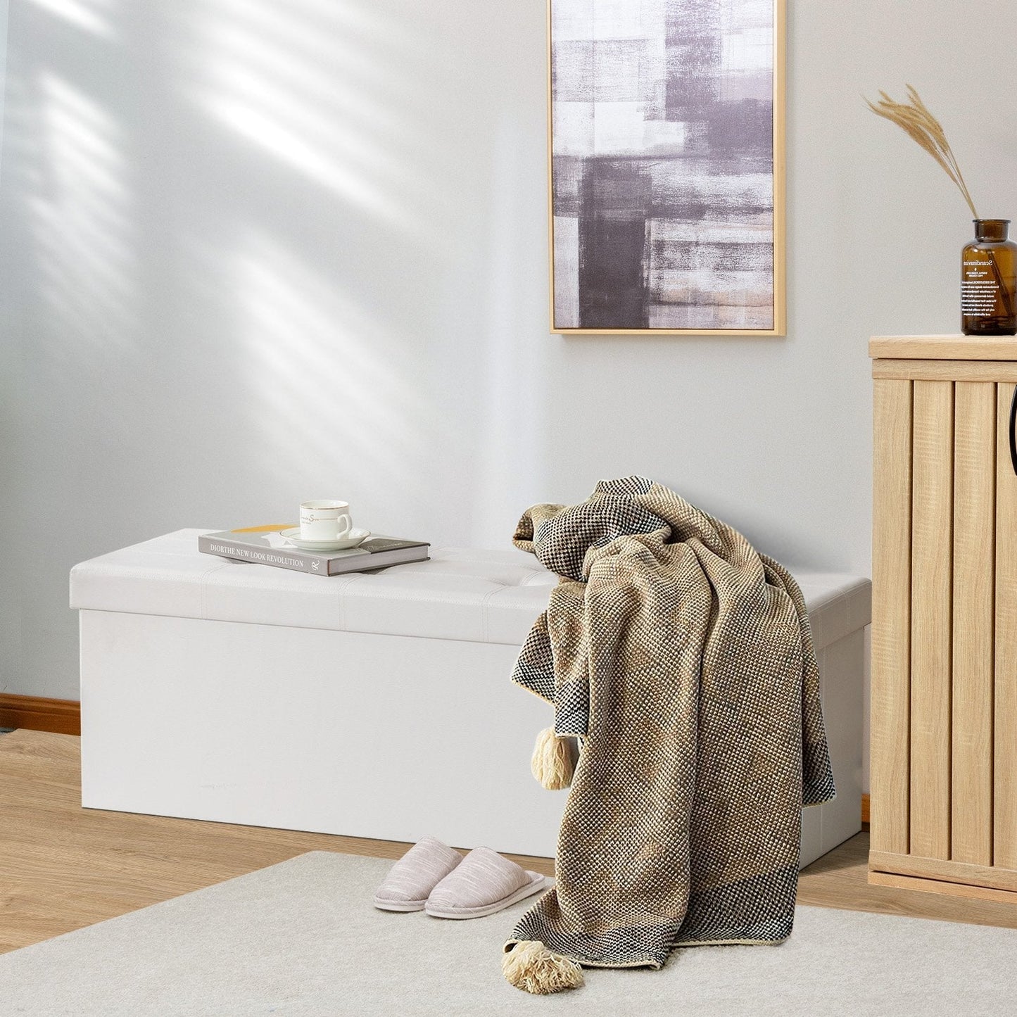 Folding Storage Ottoman Bench with Lid for Living Room-White