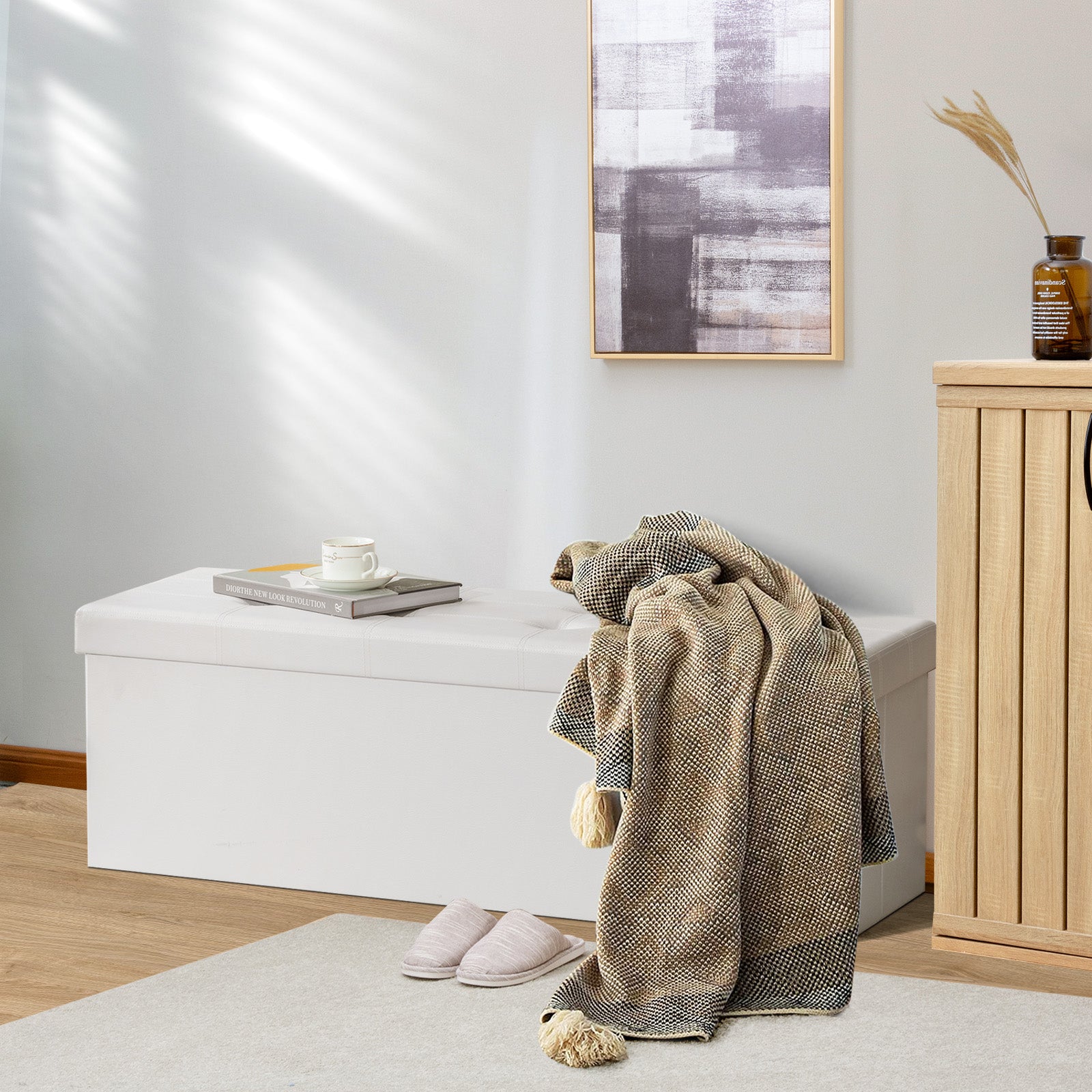 Folding Storage Ottoman Bench with Lid for Living Room-White