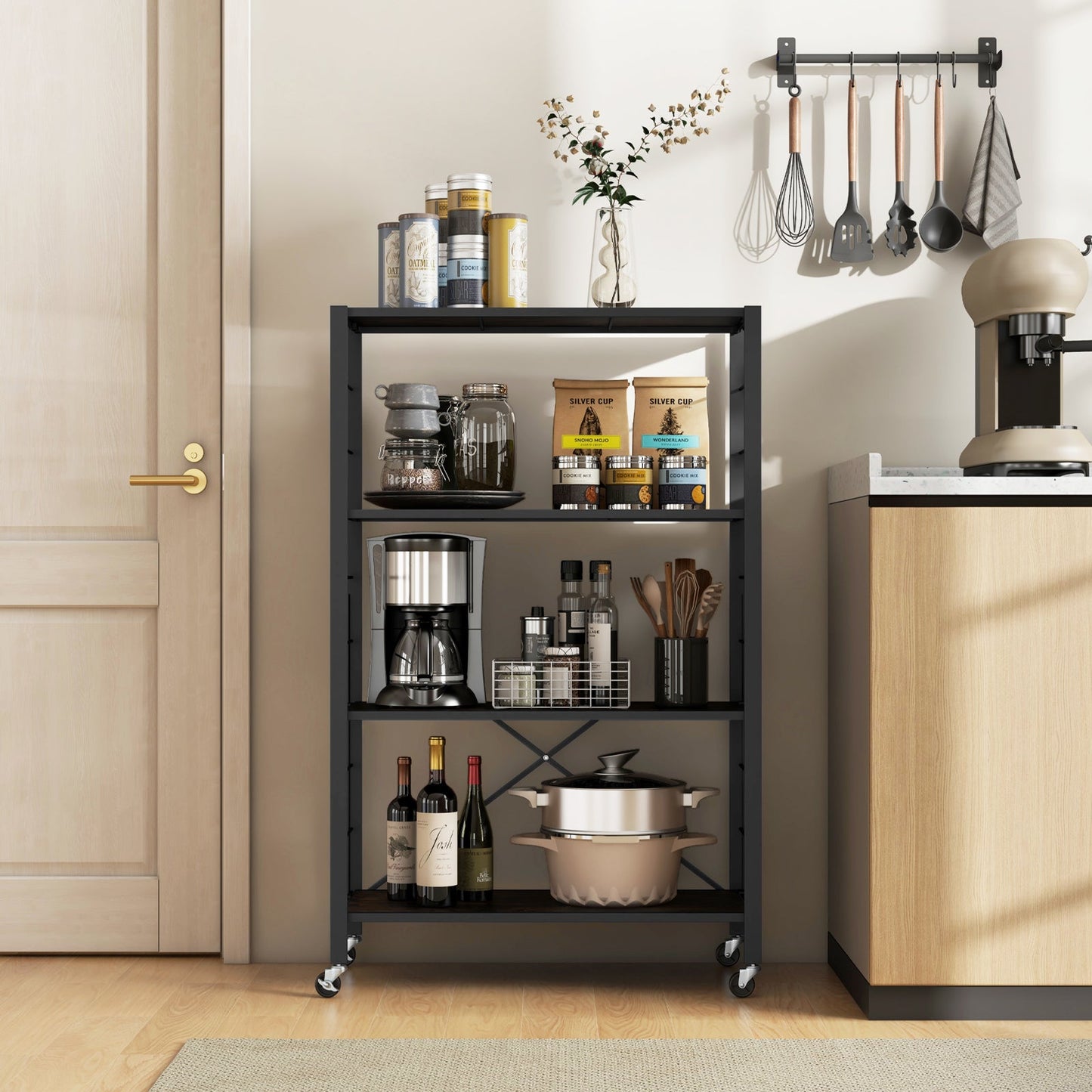 4-Tier Folding Storage Rack Metal Shelf Organizer with Wheels-Black