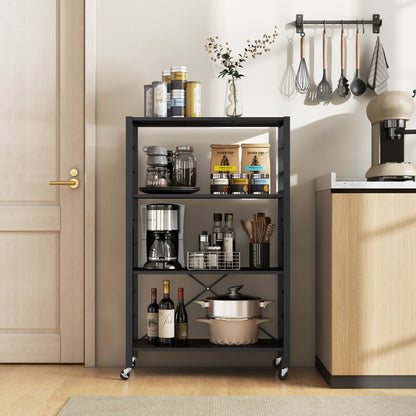 4-Tier Folding Storage Rack Metal Shelf Organizer with Wheels-Black