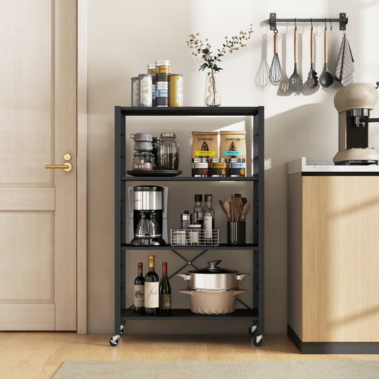 4-Tier Folding Storage Rack Metal Shelf Organizer with Wheels-Black