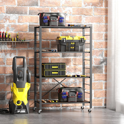 4-Tier Folding Storage Rack Metal Shelf Organizer with Wheels-Black