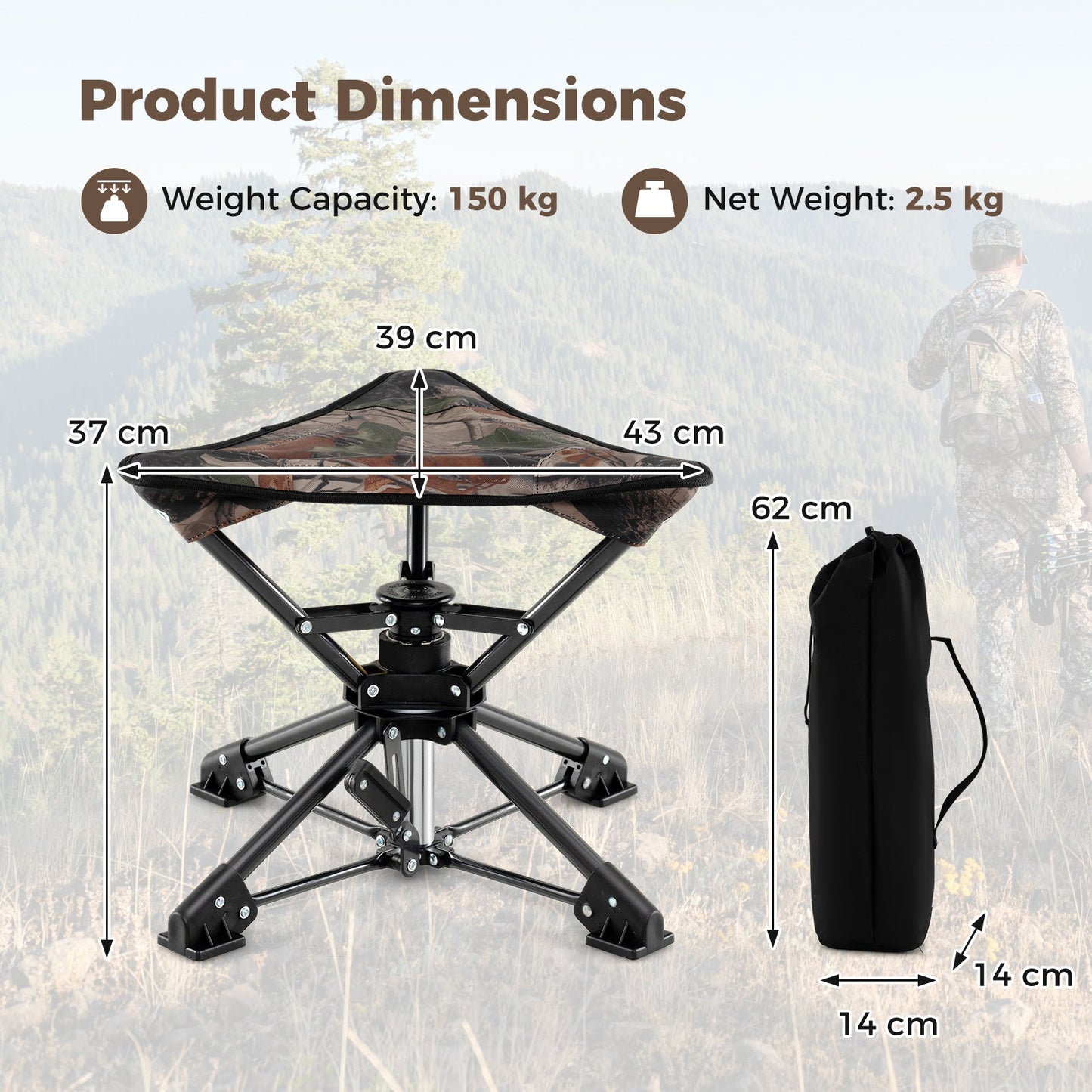 Folding Swivel Camping Hunting Stools with Anti-Sink Feet and Carry Bag-Camouflage