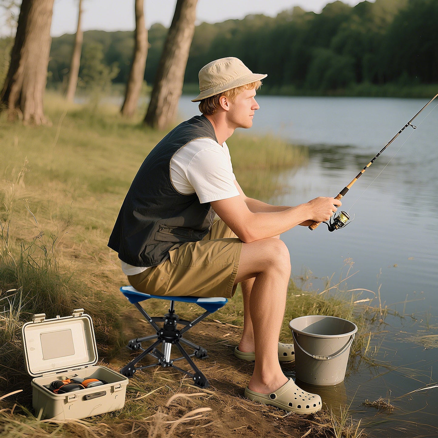 Folding Swivel Camping Hunting Stools with Anti-Sink Feet and Carry Bag-Blue