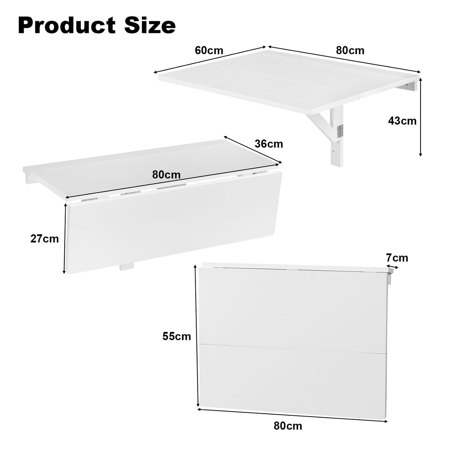 80 x 60 cm Wall Mounted Folding Table Drop-Leaf Floating Writing Desk-White