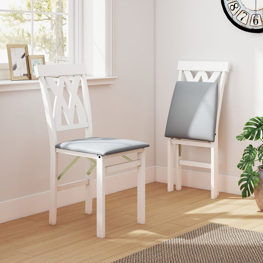 Folding Wooden Dining Chair Set of 2 Faux Leather Upholstered Chairs-White