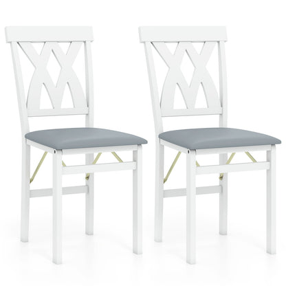Folding Wooden Dining Chair Set of 2 Faux Leather Upholstered Chairs-White