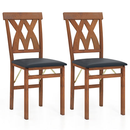 Folding Wooden Dining Chair Set of 2 Faux Leather Upholstered Chairs-Black