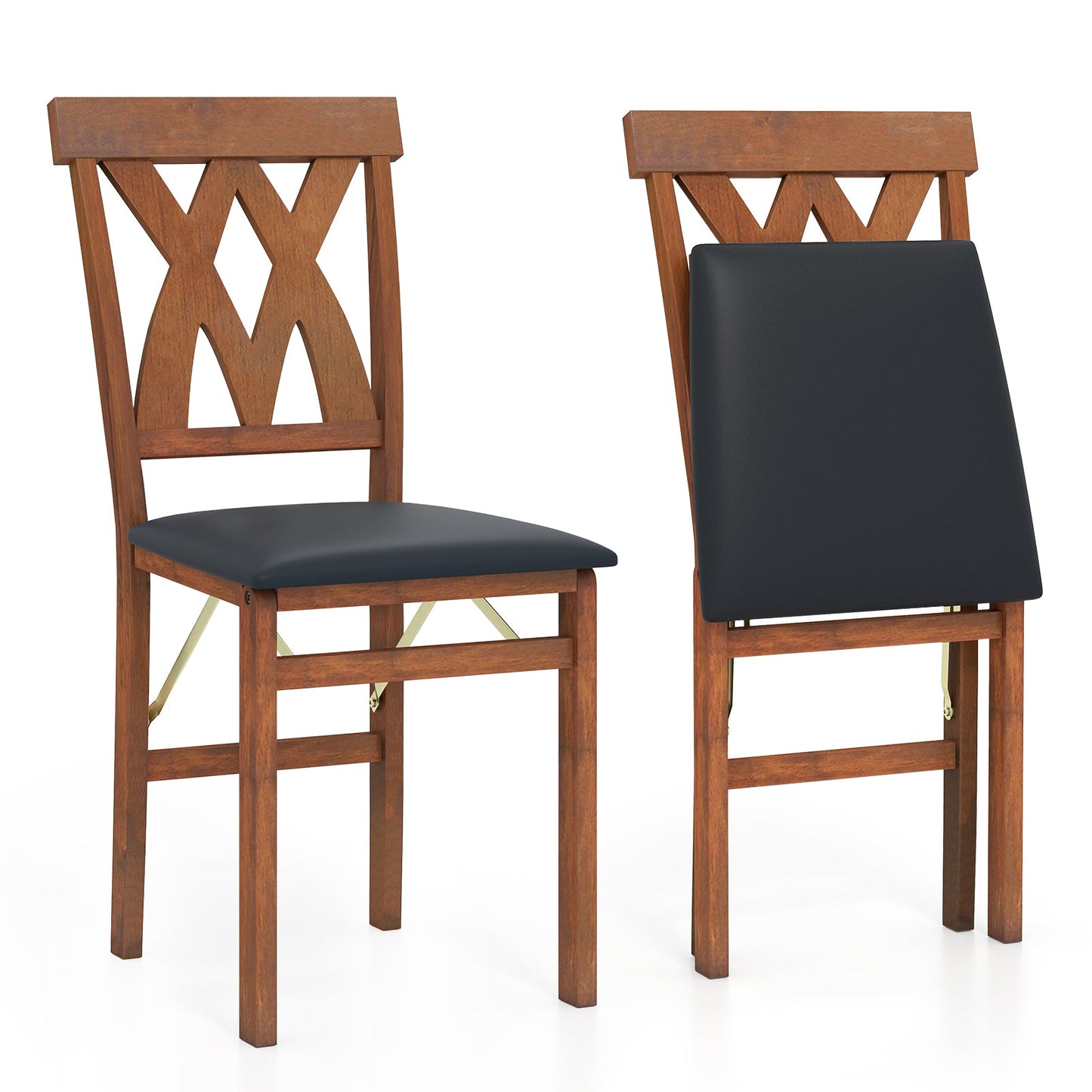 Folding Wooden Dining Chair Set of 2 Faux Leather Upholstered Chairs-Black