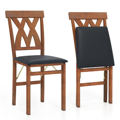 Folding Wooden Dining Chair Set of 2 Faux Leather Upholstered Chairs-Black