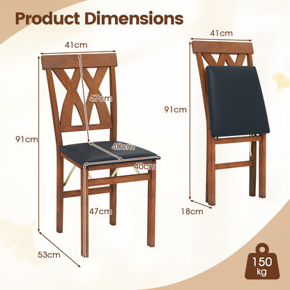 Folding Wooden Dining Chair Set of 2 Faux Leather Upholstered Chairs-Black