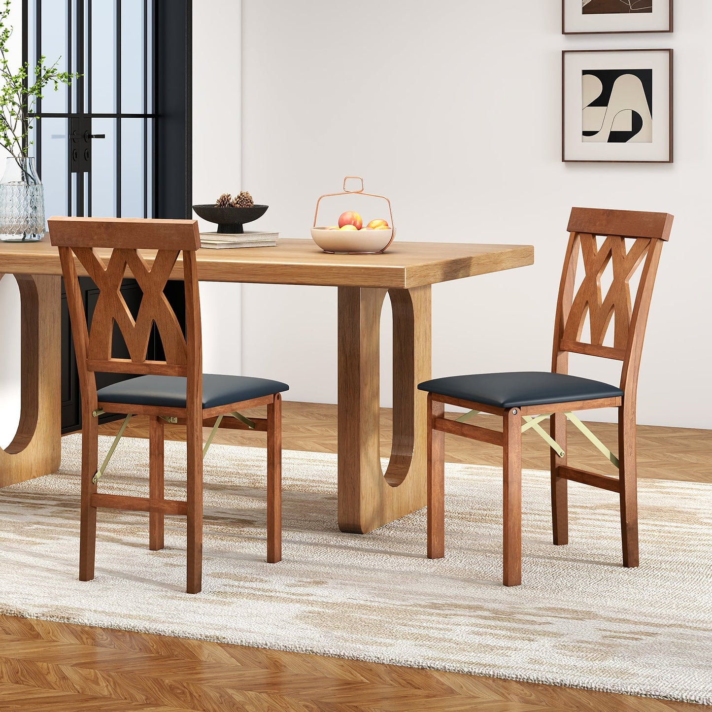Folding Wooden Dining Chair Set of 2 Faux Leather Upholstered Chairs-Black