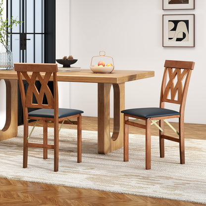 Folding Wooden Dining Chair Set of 2 Faux Leather Upholstered Chairs-Black