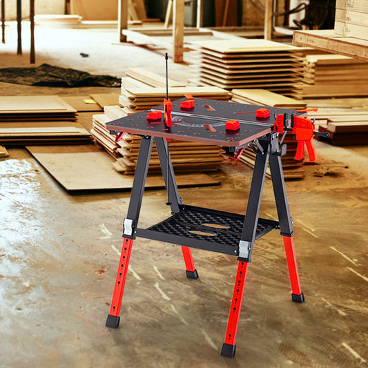 2-in-1 Folding Work Table with 2 Quick Clamps and 8 Adjustable Heights -Red