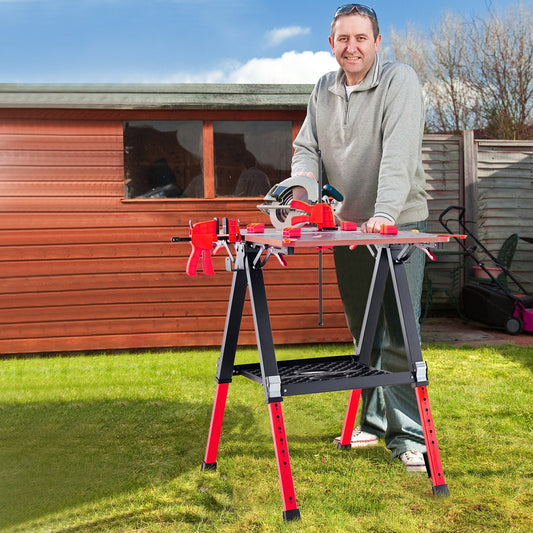 2-in-1 Folding Work Table with 2 Quick Clamps and 8 Adjustable Heights -Red