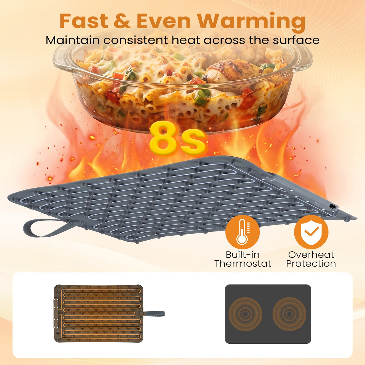 Food Warming Mat with 3 Temperature Settings for Kitchen Appliances-Grey