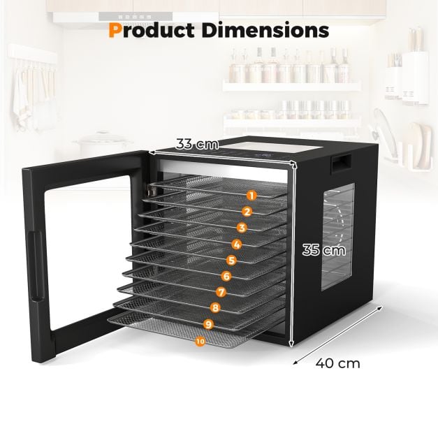 Food Dehydrator with 10 Stainless Steel Trays 10 Presets and 48H Timer-Black